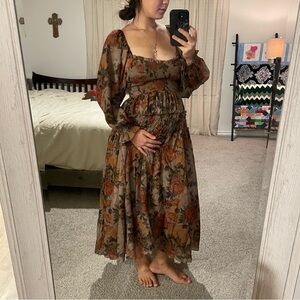 Promesa Floral Long Sleeve Dress - Brown and Orange